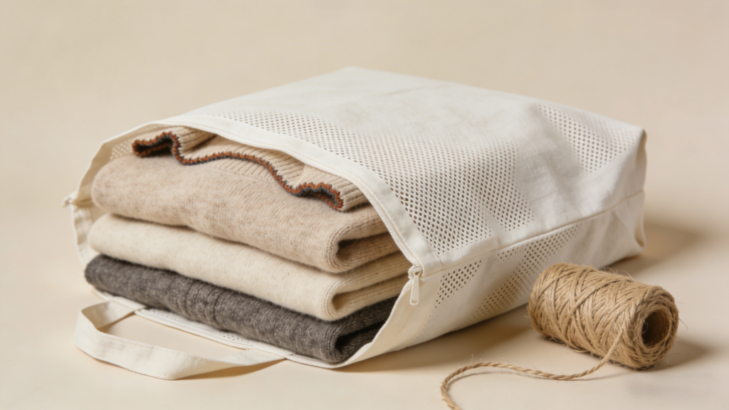 Folded cashmere sweaters stored in a breathable perforated fabric bag, with a spool of twine nearby.