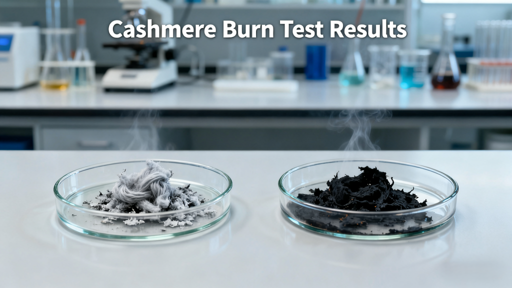 Safe cashmere burn test demonstration, real cashmere burns to soft ash vs synthetic blend burns to solid residue