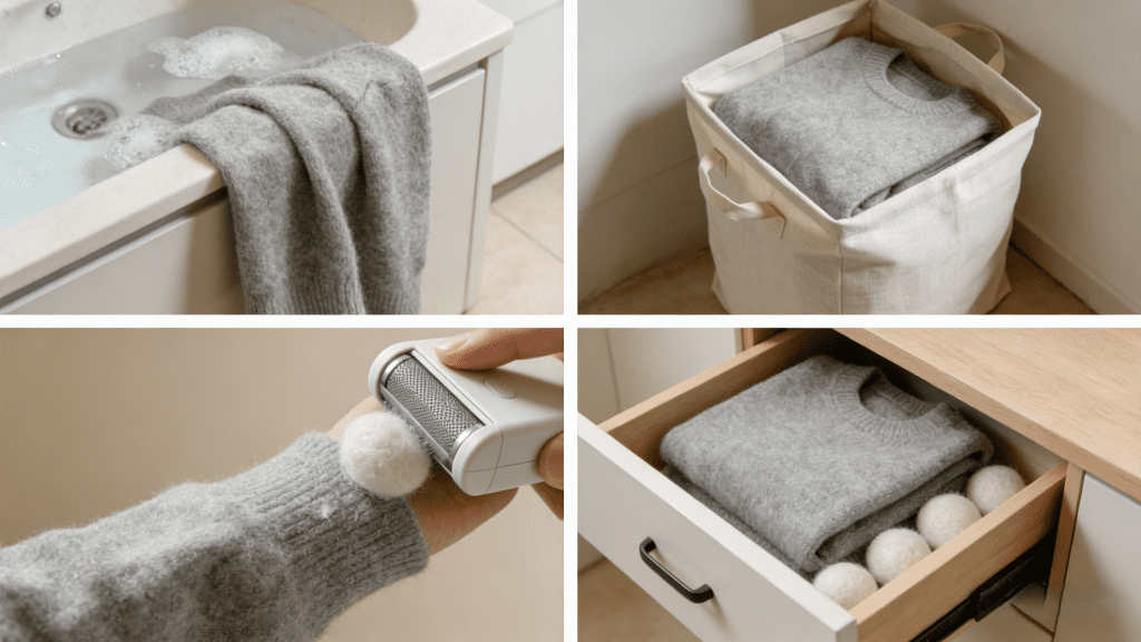2x2 collage of cashmere care steps: hand-washing a gray cashmere sweater, storing it in a fabric bin, using a lint shaver to remove pilling, and folding it with wool balls in a drawer.