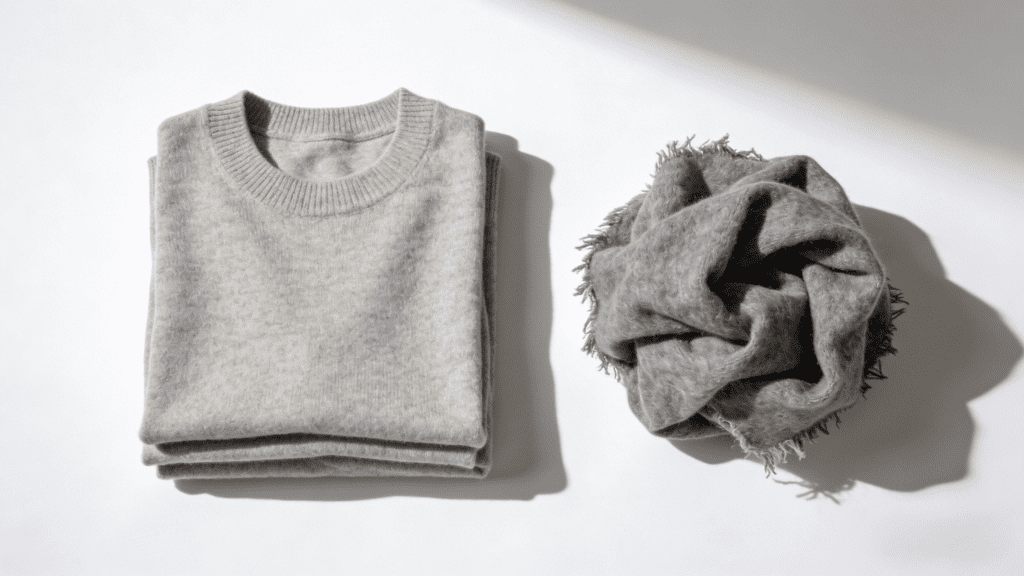 Side-by-side: left (neat, well-folded cashmere sweater) vs. right (frayed, crumpled cashmere scarf from poor care).