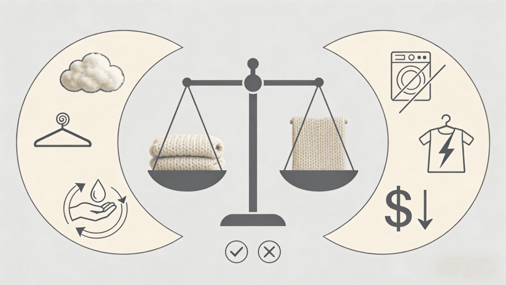 Infographic showing cashmere care (left: gentle handling, no machine wash) and value trade-offs (right: higher cost for quality).