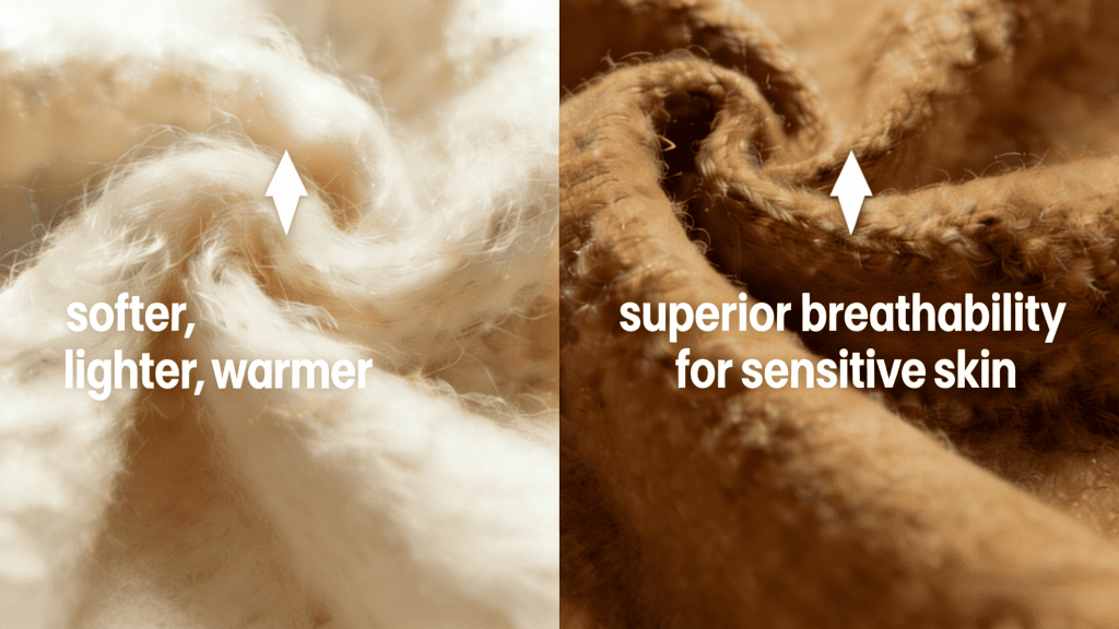 Side-by-side cashmere fabric features: left (softer, lighter, warmer) vs. right (superior breathability for sensitive skin).