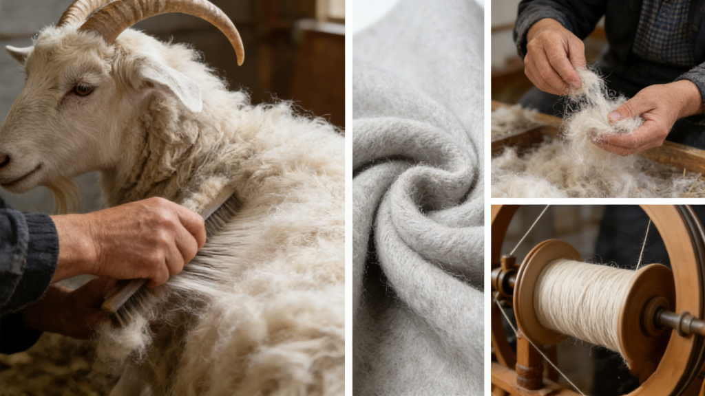Collage showing cashmere production steps: shearing a cashmere goat, sorting cashmere fibers, spinning yarn, and finished cashmere fabric.