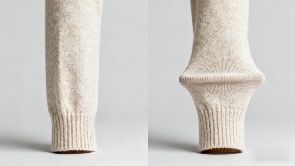 Real cashmere stretch test, authentic cashmere fabric rebounds to original shape vs synthetic blend retains slight stretch