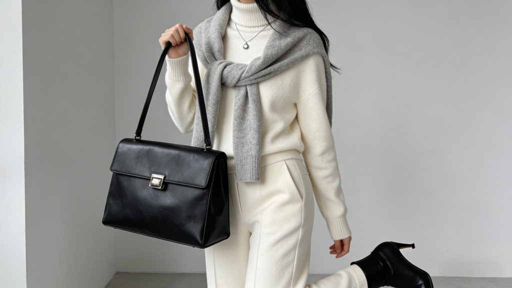 Polished winter minimalist look: Cream turtleneck sweater, grey cashmere scarf, cream tailored trousers, black leather handbag, and black ankle boots – elevated neutral-toned ensemble