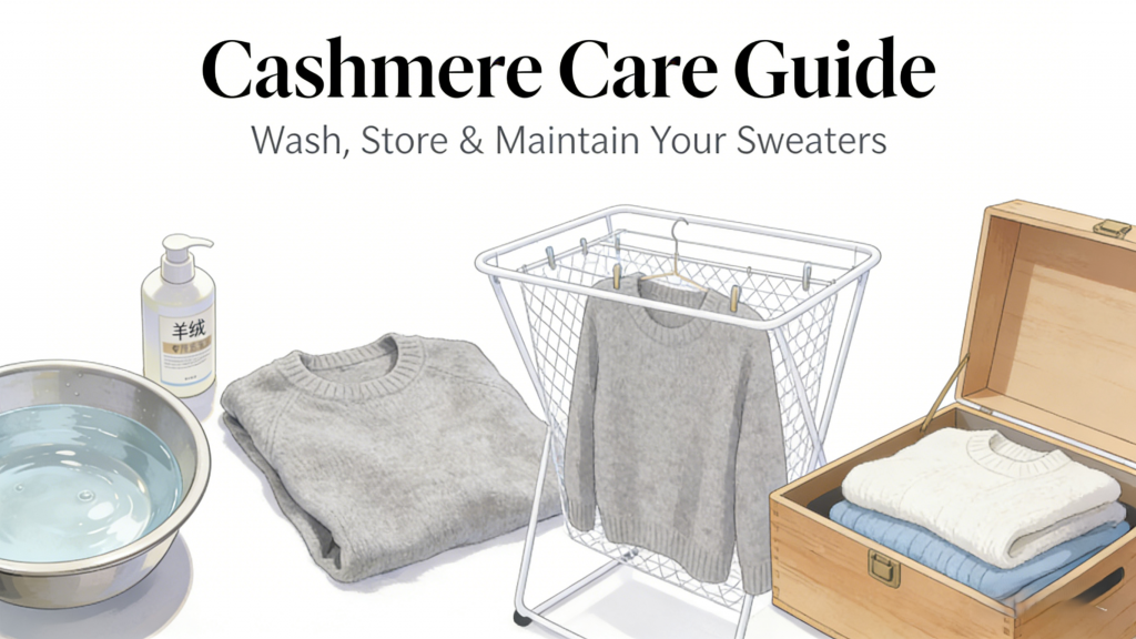 Visual overview of cashmere care essentials: Cashmere-specific detergent, basin of water, drying rack, and storage box – tools for proper washing, drying, and storing cashmere garments