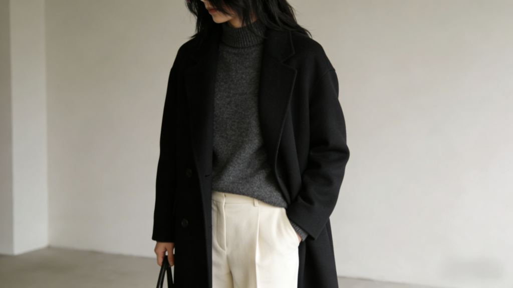 Polished winter look: Black wool overcoat, grey turtleneck sweater, and cream tailored trousers – sleek neutral-toned minimalist ensemble