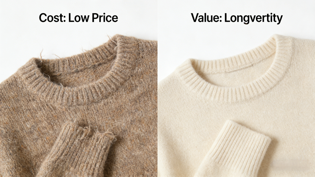 Side-by-side comparison: left (low-cost, frayed knitwear) vs. right (high-value, durable cashmere sweater).