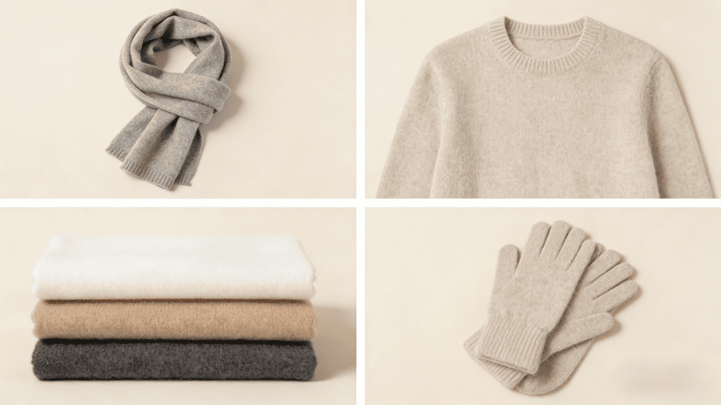 2x2 collage of cashmere items: gray scarf, beige crewneck sweater, stacked neutral blankets, and beige gloves, all displayed on a light background.