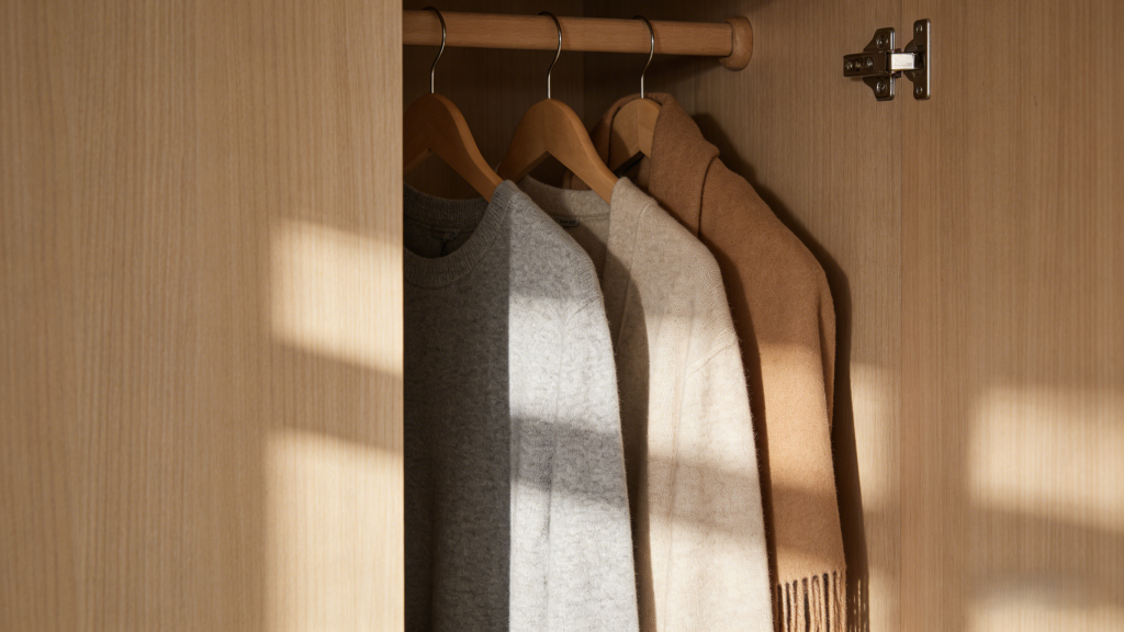 Neutral-toned cashmere sweaters (gray, beige) and a camel coat hung in a wooden closet, lit by warm sunlight. The pieces represent a curated, versatile wardrobe.