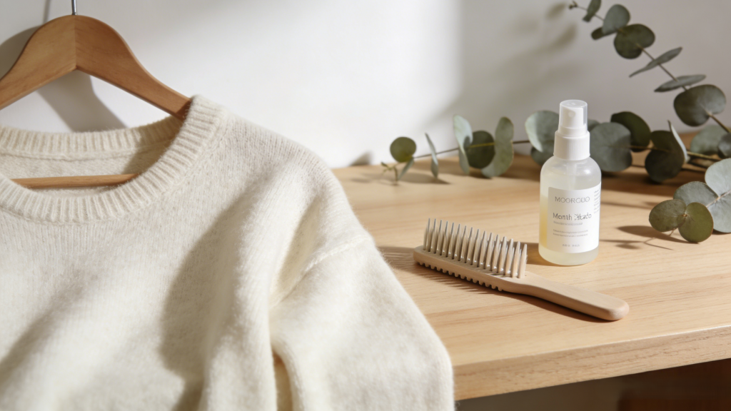 Cashmere sweater, cashmere comb, and fabric care spray arranged for a cashmere maintenance tutorial.