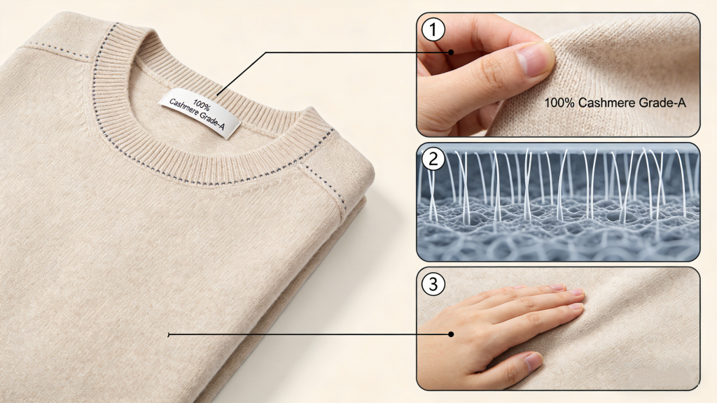 Infographic of Grade-A cashmere sweater, highlighting material label, fiber structure, and soft texture.