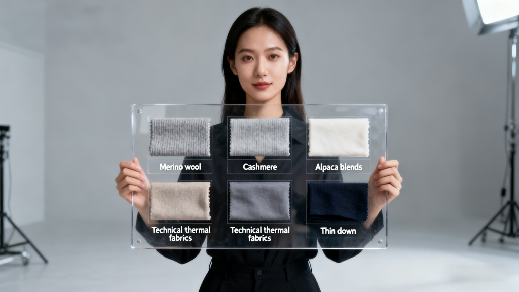 Woman displaying fabric swatches (Merino wool, cashmere, alpaca blends, technical thermals, thin down) that offer high warmth-to-weight ratio for slim winter outfits.