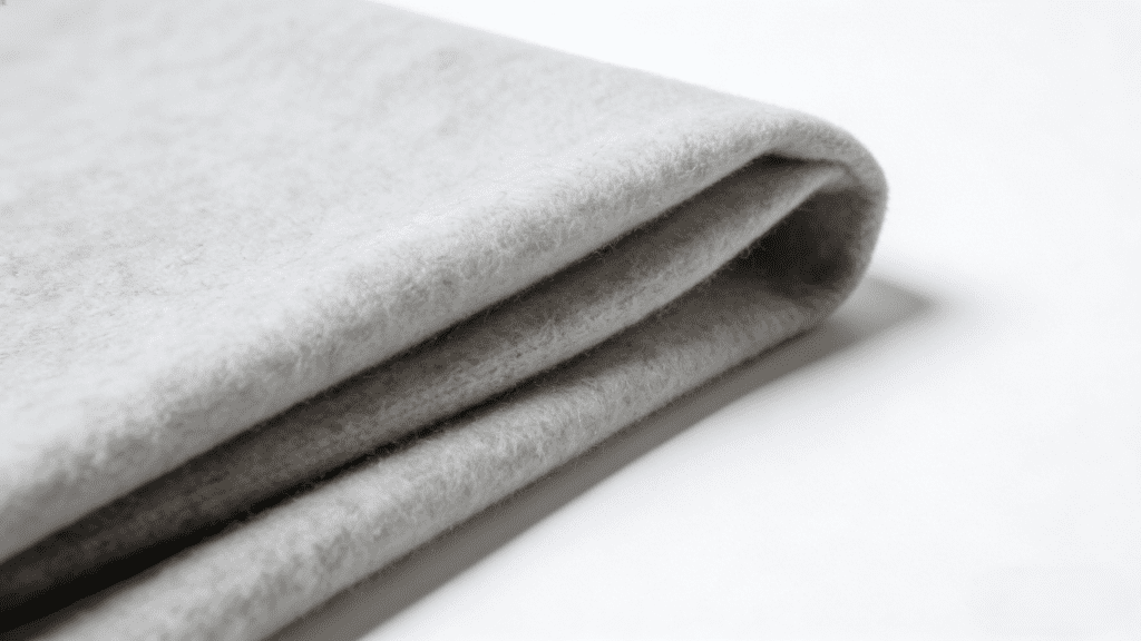 Close-up of soft, light gray folded cashmere fabric, showing its fine texture and smooth fold lines.