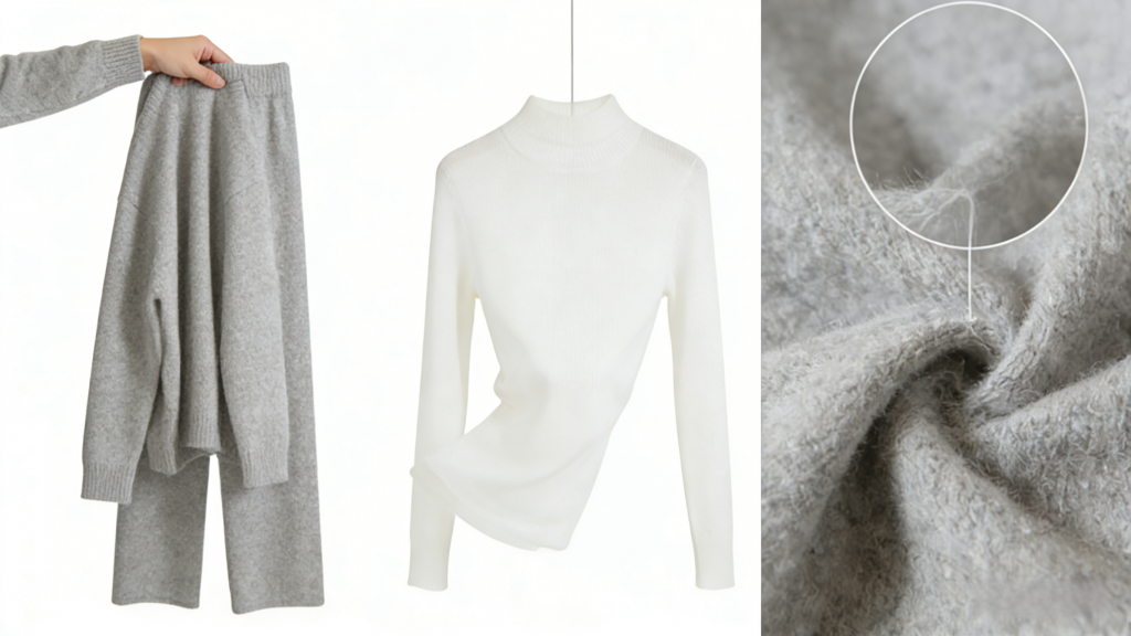 Three-part image: Left shows a hand holding gray cashmere pants; middle displays a white cashmere turtleneck sweater; right features a close-up of cashmere fabric (with a circled detail highlighting its soft, fine fibers).