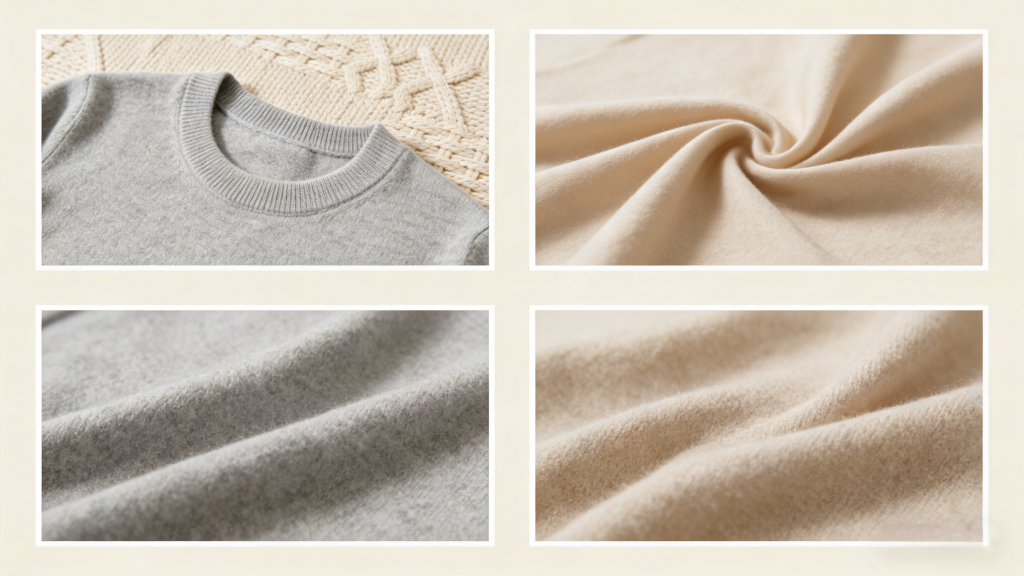 2x2 collage of cashmere fabric and knitwear: gray crewneck sweater neckline, soft beige cashmere texture, and gray cashmere fabric swatches, showcasing premium material quality.
