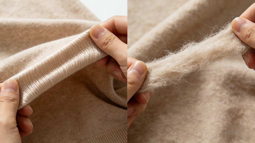 High-quality cashmere (left) maintains its texture and durability due to longer, finer fibers, while low-quality options (right) degrade faster due to shorter, less uniform fibers.