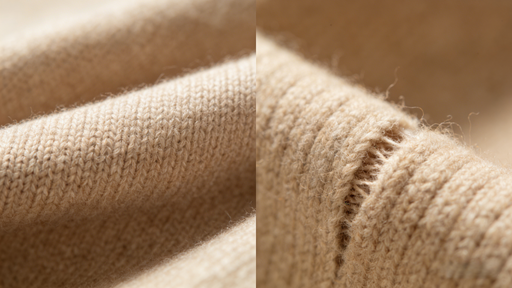 Split close-up: Left shows tight, uniform knit of high-quality cashmere (durable, minimal fraying); right displays loose, frayed knit of low-quality cashmere (prone to tearing and wear).