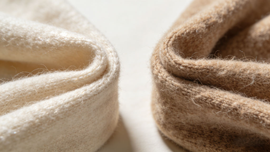 Cashmere of this quality (left) typically has better durability, a softer hand feel, and retains its shape longer, while the right sample may wear out or pill more quickly with use.