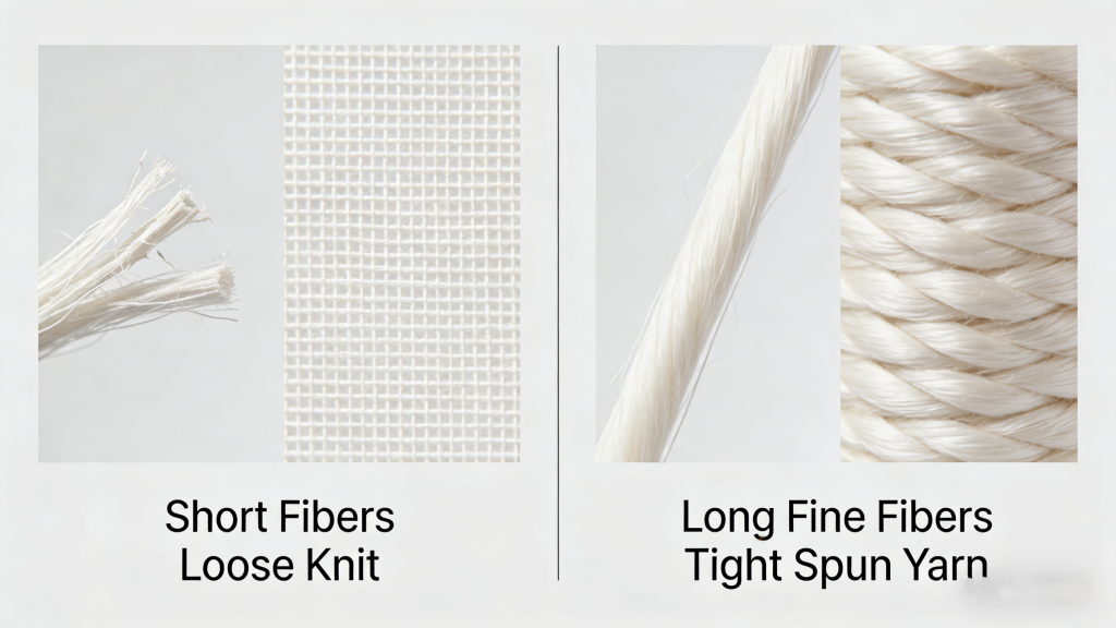 Side-by-side comparison of short loose-knit fibers vs. long tightly-spun yarns, illustrating fabric quality differences.