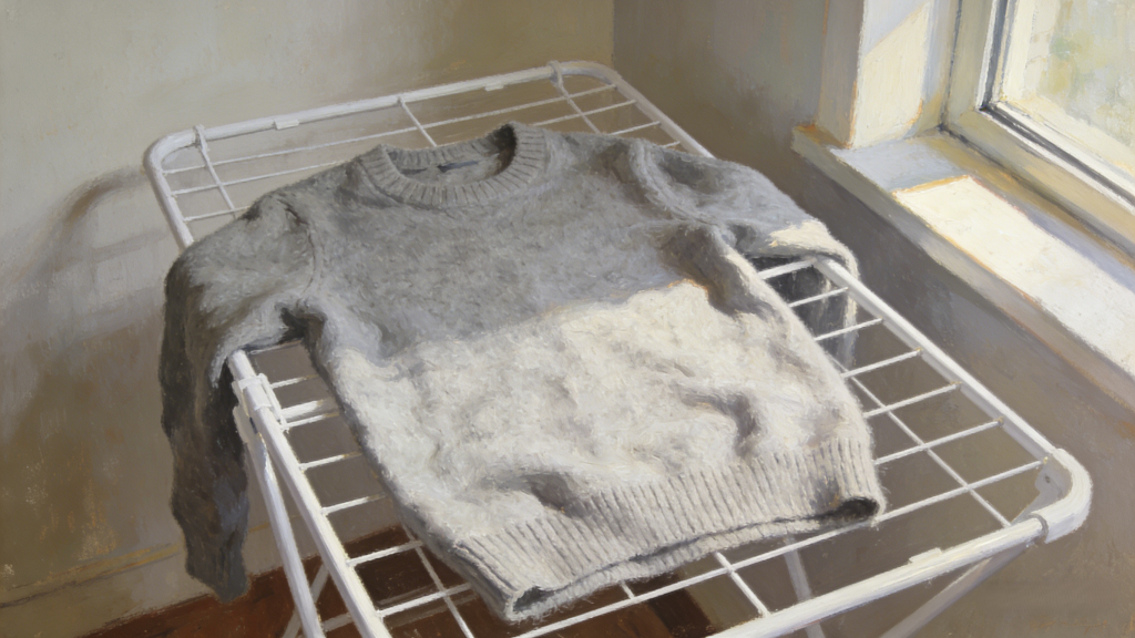 Correct cashmere drying method: Grey cashmere sweater laid flat on a mesh drying rack in a well-ventilated area (avoiding direct sunlight) – preserves shape and texture of delicate cashmere garments