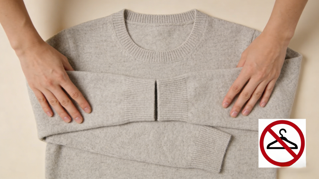 Demonstration of folding a cashmere sweater, with a "no hanger" warning icon.