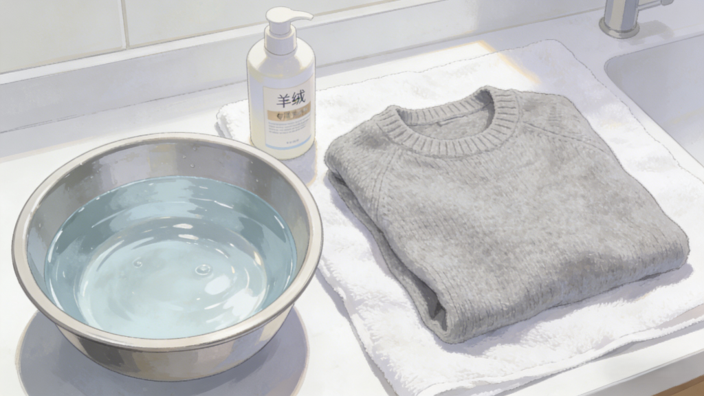 Cashmere sweater care setup: Grey cashmere sweater on a white towel, cashmere-specific detergent, and a basin of lukewarm water – essential tools for gentle hand-washing cashmere garments