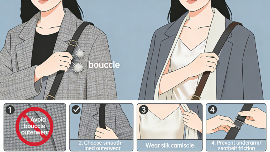 Infographic showing tips to protect clothes: avoid boucle outerwear, choose smooth-lined pieces, wear silk camisoles, and reduce strap friction.
