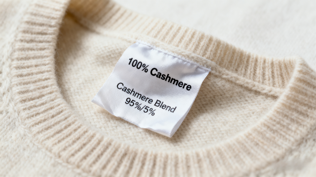 Cashmere clothing label inspection, 100% cashmere vs cashmere blend vs misleading label claims