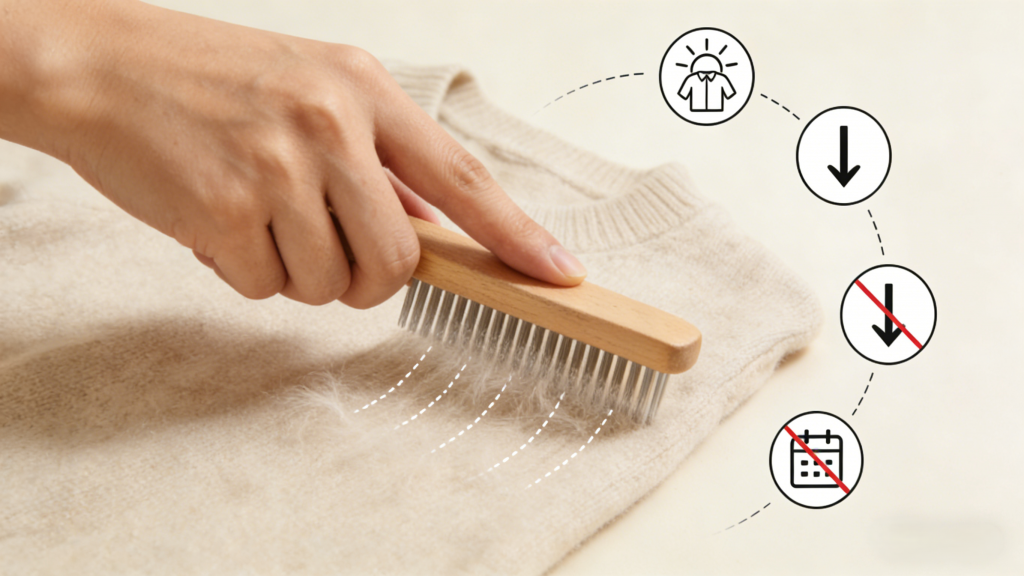 Visual guide to using a cashmere comb: dry fabric, light downward strokes, no frequent brushing.
