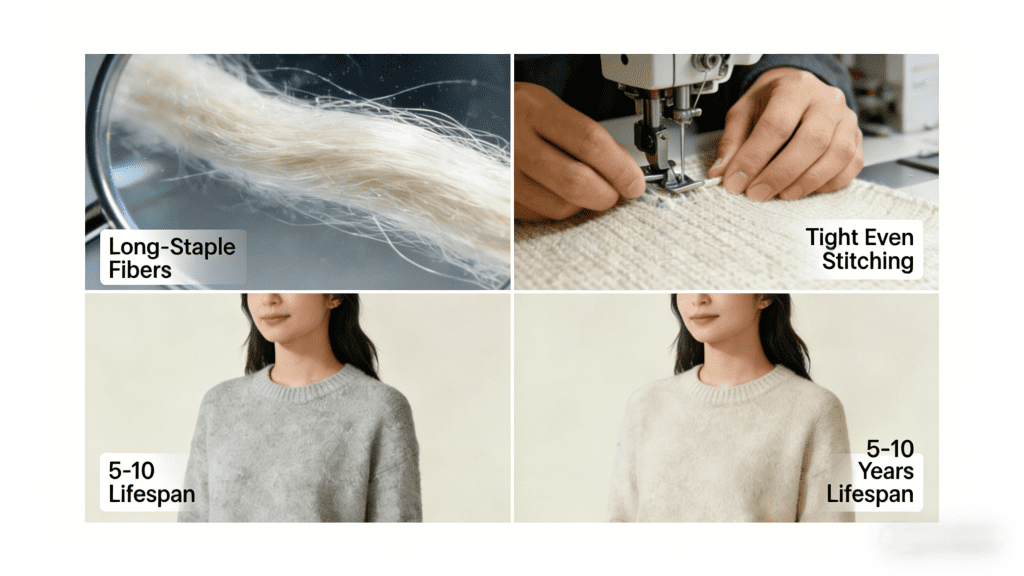 Collage illustrating cashmere quality elements: long-staple fibers, tight stitching, and 5-10 year lifespan of finished sweaters.