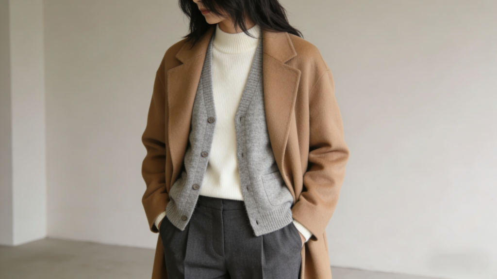 Cozy layered winter look: Camel wool overcoat, grey cashmere cardigan, white turtleneck sweater, and charcoal tailored trousers – neutral-toned minimalist ensemble