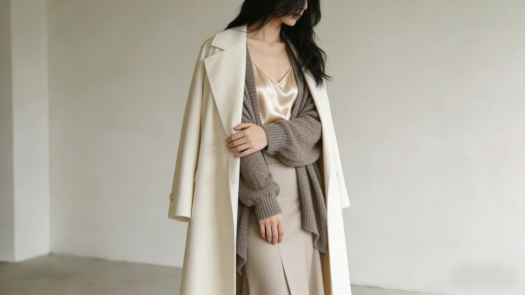 Elegant winter layered look: Cream wool overcoat, oversized grey knit cardigan, satin camisole, and beige skirt – soft neutral-toned minimalist ensemble