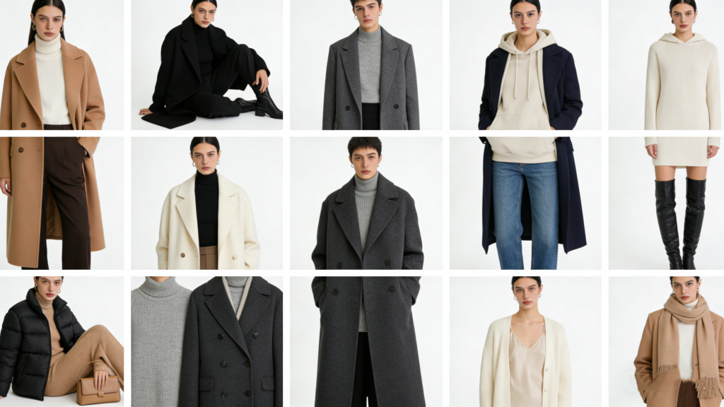 Curated minimalist winter capsule wardrobe collection: Neutral-toned coats, knits, and basics in camel, black, grey, and cream – versatile everyday winter outfits