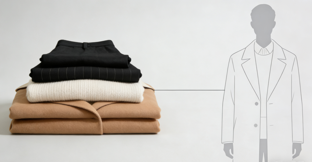 Curated minimalist winter wardrobe basics: Camel wool coat, white ribbed knit sweater, black pinstripe shirt, and black trousers – foundational pieces for versatile neutral-toned outfits