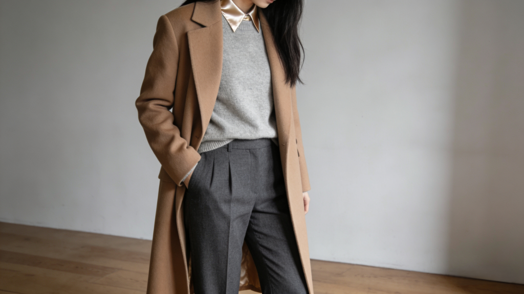 Sophisticated winter minimalist outfit: Camel wool overcoat, grey cashmere sweater, and charcoal tailored trousers with satin collar detail