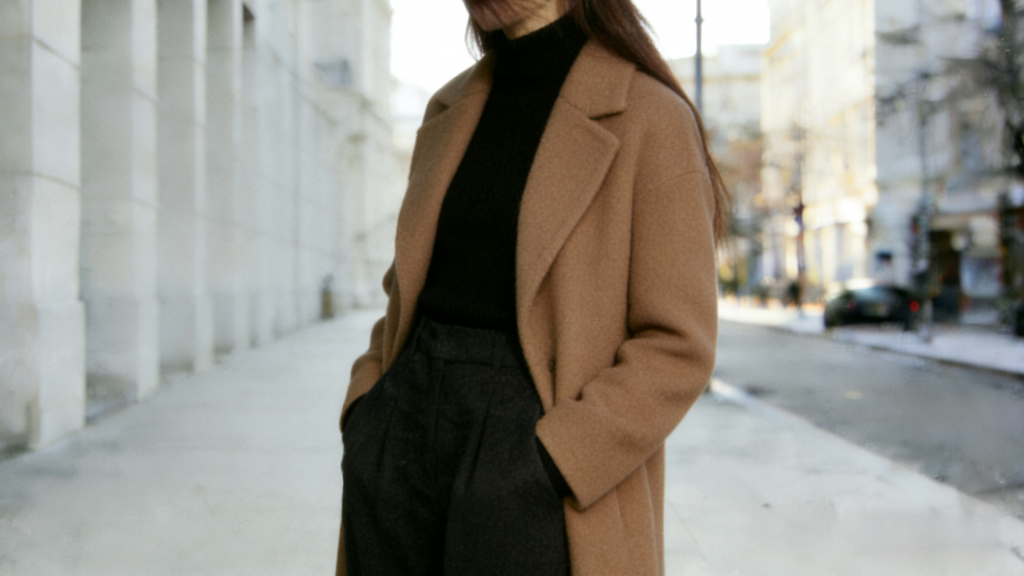 Minimalist winter streetwear: Camel wool overcoat, black turtleneck, and charcoal wide-leg trousers – elevated neutral-toned daily outfit