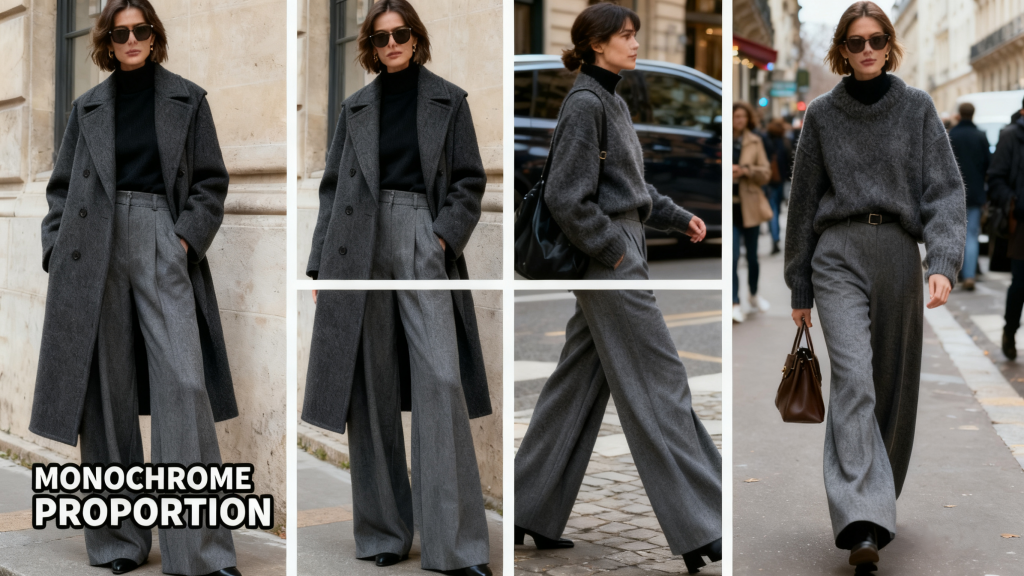Collage of a woman in a tonal gray winter outfit (long coat, wide-leg trousers, knitwear) showcasing monochrome styling and proportion balance for a sleek, non-bulky look.