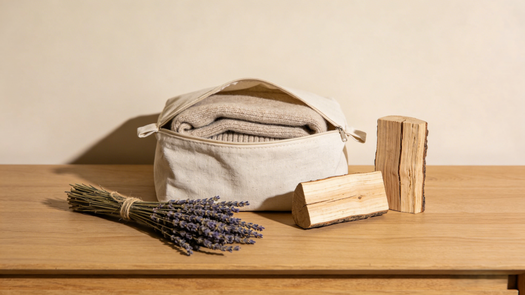 Cashmere sweater stored in a fabric bag, paired with lavender bundle and cedar wood blocks for moth prevention.