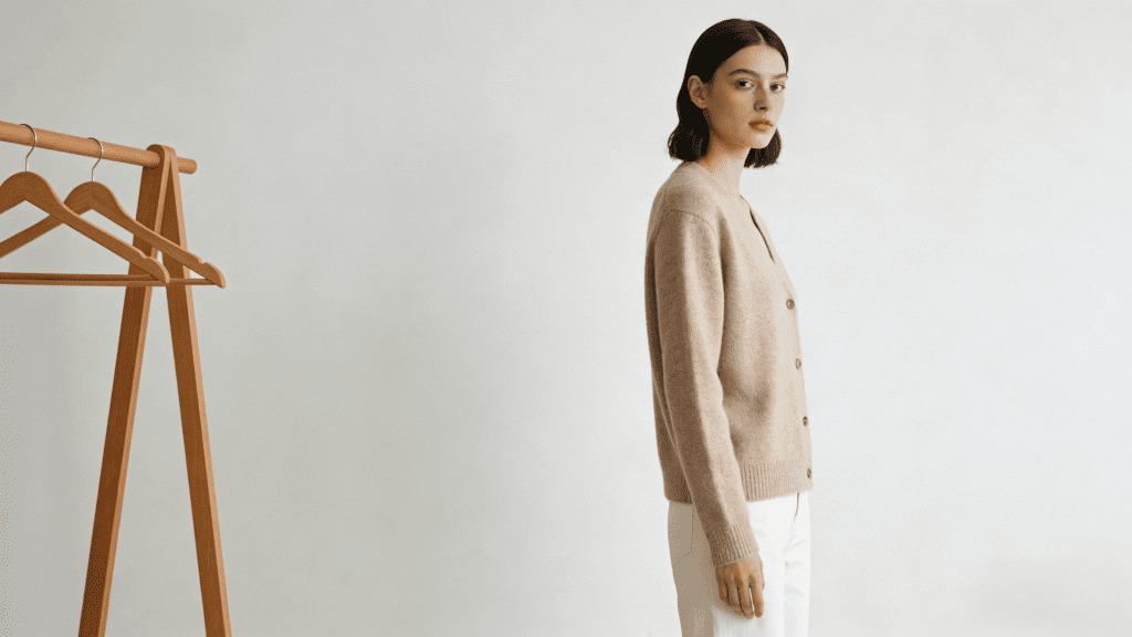 Light beige V-neck cashmere cardigan, styled with white trousers, displayed in a clean, minimalist setting. The garment features a soft texture and classic silhouette, typical of high-quality cashmere basics.