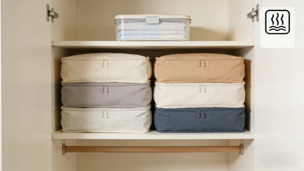 Stacked fabric storage bags in a closet, with a "keep dry" icon indicating moisture-free storage.