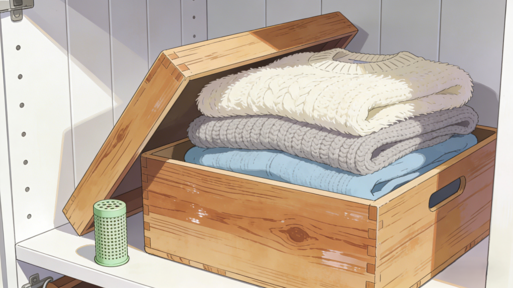 Organized cashmere storage: Folded cashmere sweaters in a wooden box with a cedar moth repellent – safe, breathable storage to preserve cashmere shape and texture