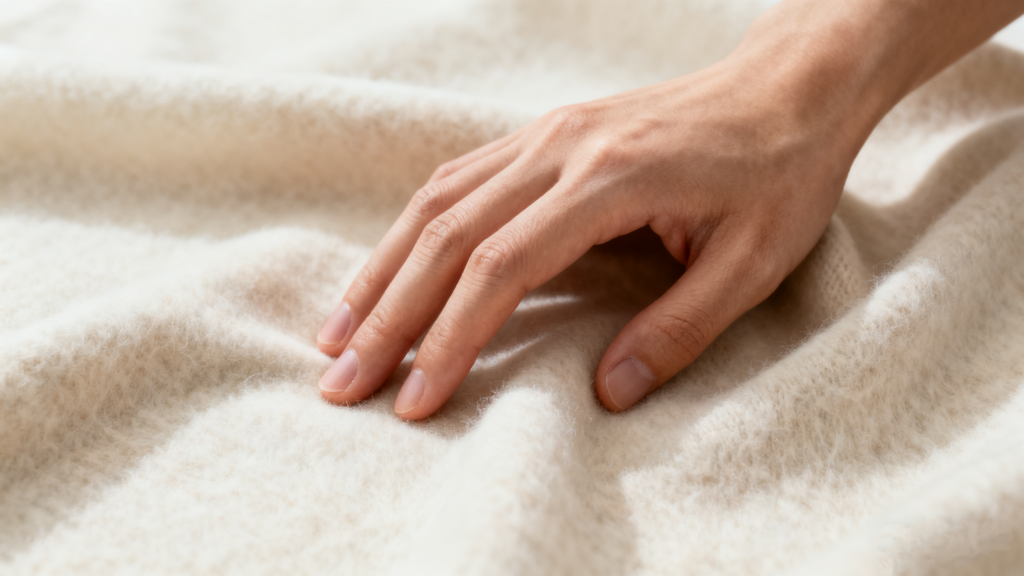 Hand touching real cashmere fabric showing natural soft and warm texture, synthetic fabric comparison