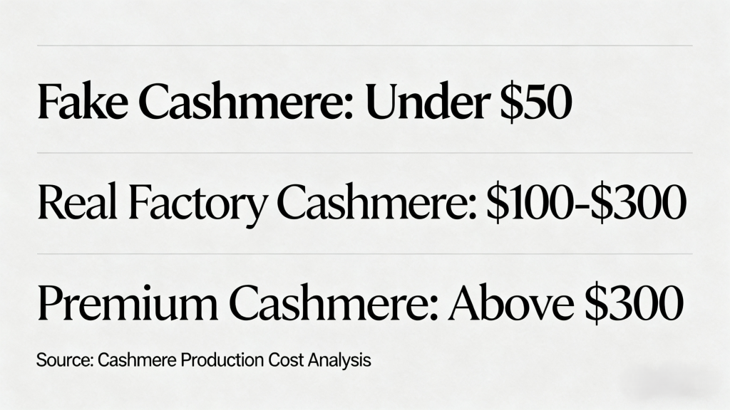 Real cashmere price range chart, synthetic blend cashmere under $50 vs authentic cashmere sweater cost $100-$300