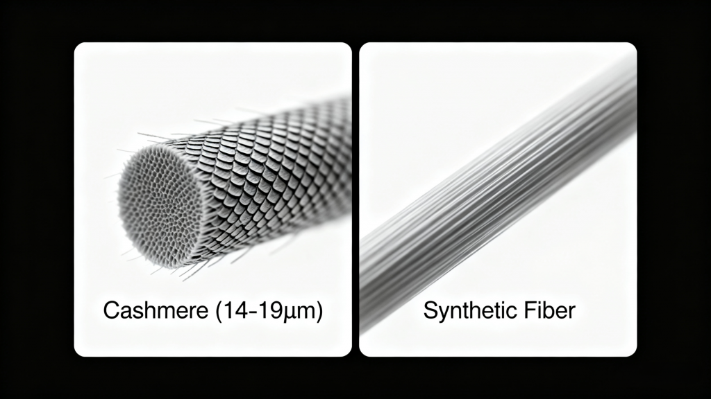 Microscopic view of real cashmere fine fibers vs synthetic blend fibers, natural cashmere halo effect