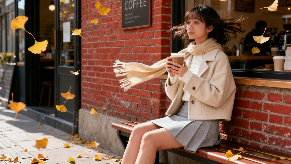 Young woman in cream cropped coat, white turtleneck, grey skirt, and beige scarf, holding a warm drink while sitting on a bench outside a café with falling ginkgo leaves. Soft girl transition outfit for fall-winter with gentle neutral tones.