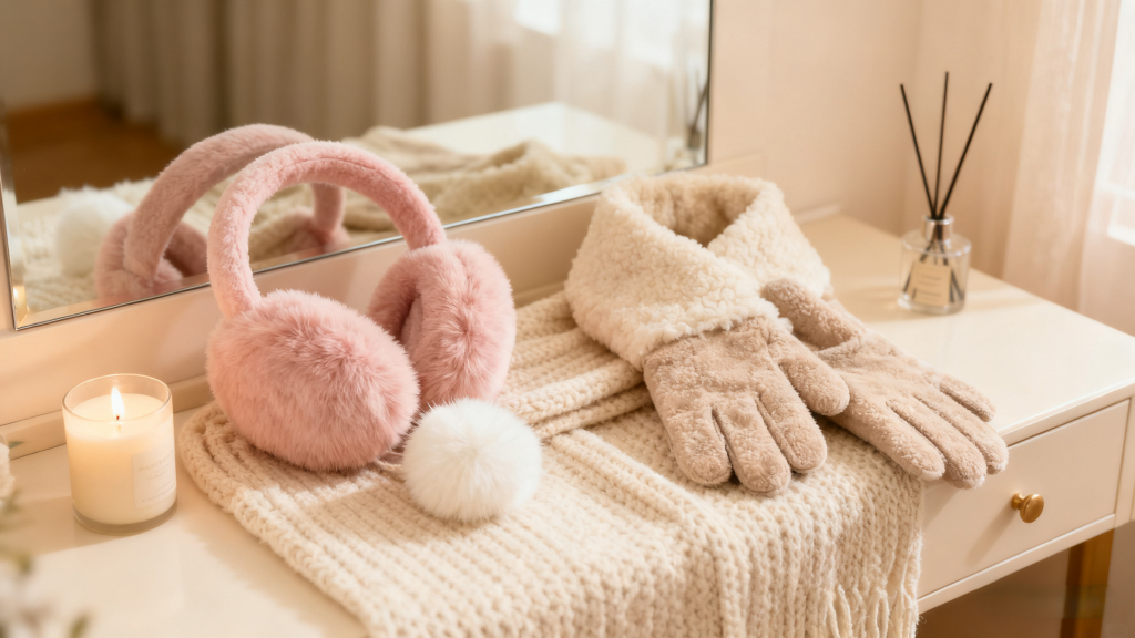 Flat lay of soft girl winter accessories (blush fluffy earmuffs, cream knit scarf, beige shearling gloves) on a vanity table with a lit candle. Soft girl aesthetic winter essentials with plush textures and gentle color palette.