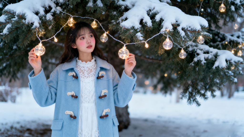 Young woman in light blue duffle coat and white lace dress, holding glowing fairy lights under a snow-covered pine tree. Soft girl winter style with pastel tones, cozy and romantic cold-weather outfit.