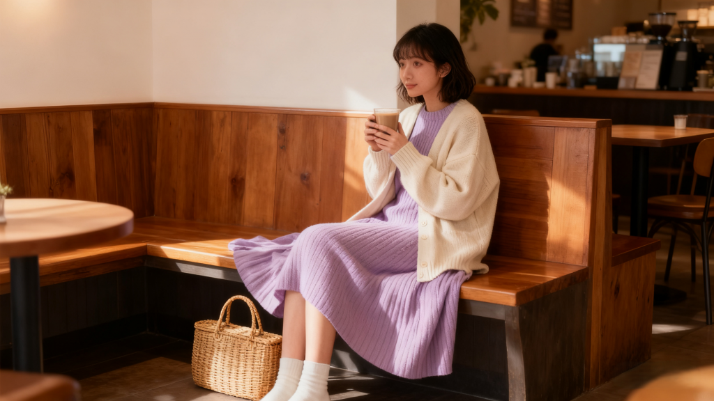 Young woman in lavender ribbed knit dress and cream oversized cardigan, holding a warm drink while sitting in a wooden booth at a café. Soft girl winter style with gentle pastel colors and cozy knit textures.