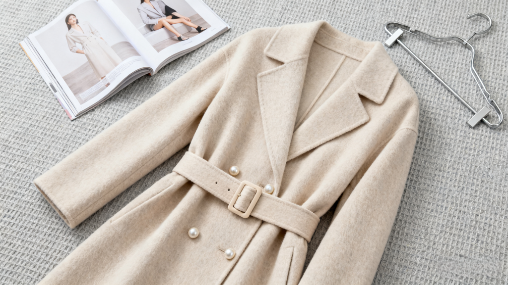 Beige wool double-breasted coat with pearl buttons and a matching belt, laid flat with a fashion magazine and hanger. Soft girl winter outerwear example with gentle neutral tones and delicate decorative elements.